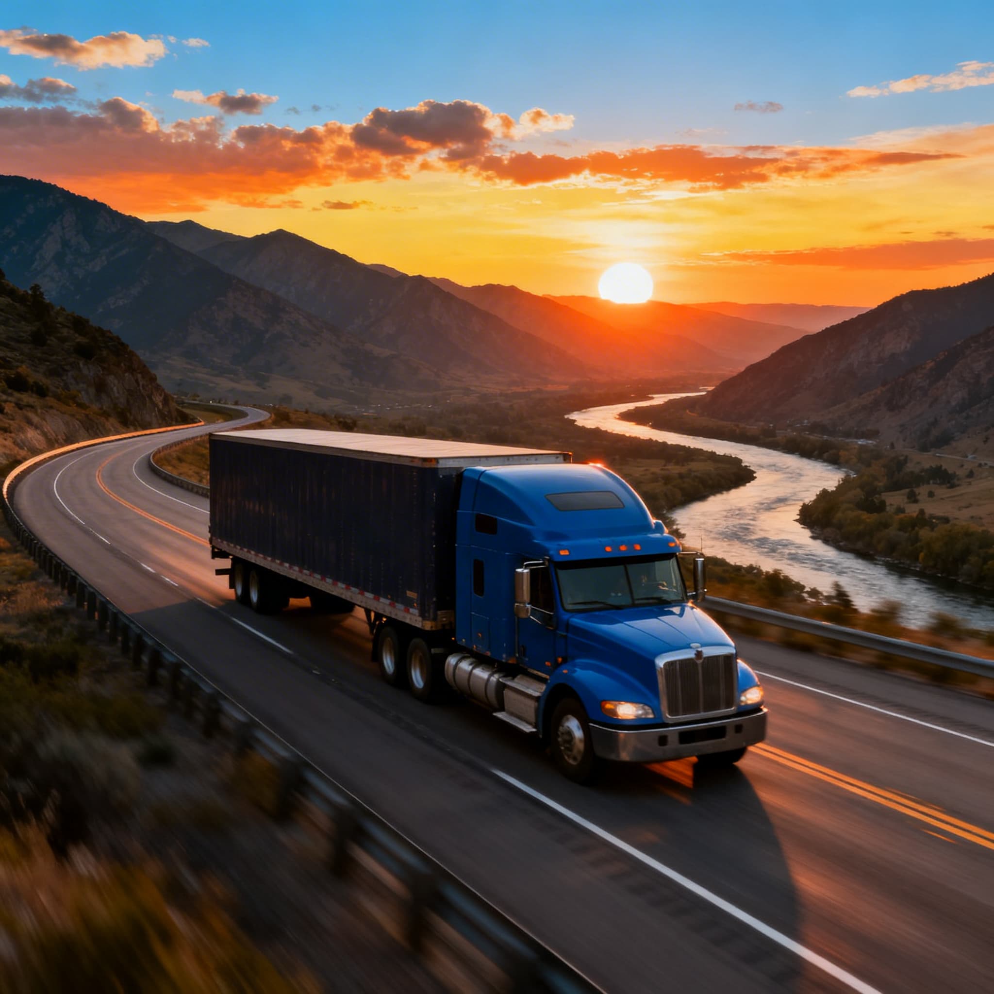 Modern American semi-truck driving on a scenic highway at sunset